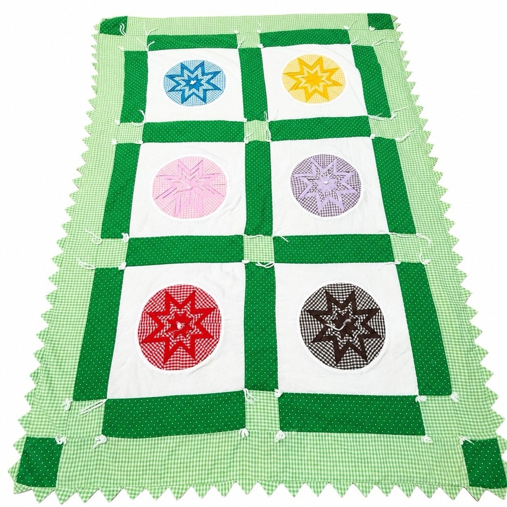 Vintage Handmade Patchwork Quilt Green Star Applique Tied Lap Throw Cottagecore